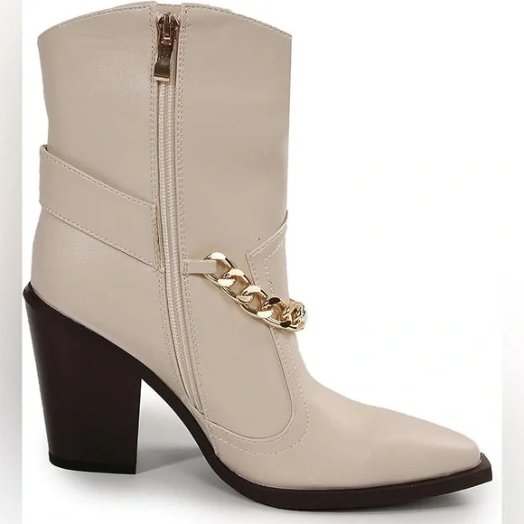 Faux leather Beige Ankle Boots with Gold Chain - Picture 3 of 4